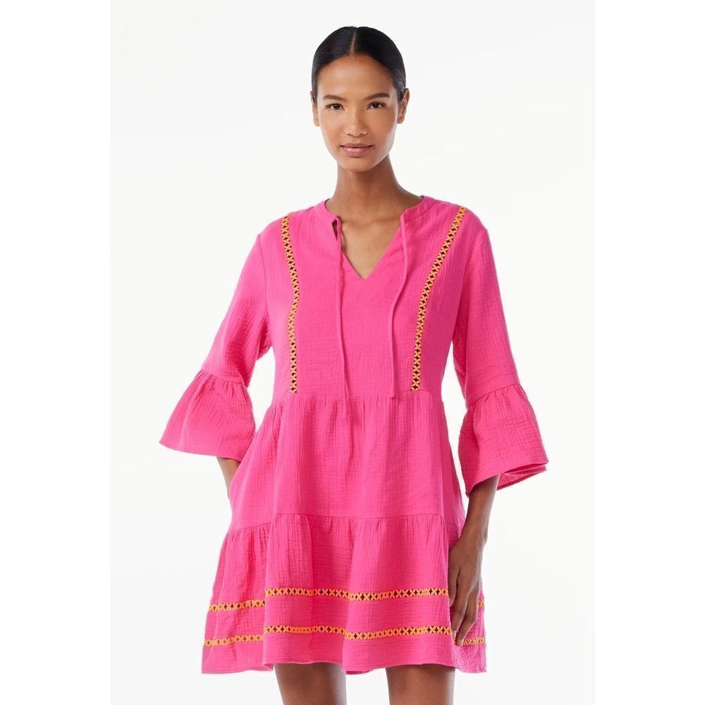Scoop Lace Trimmed Cotton bell sleeves Mini Dress Sz S